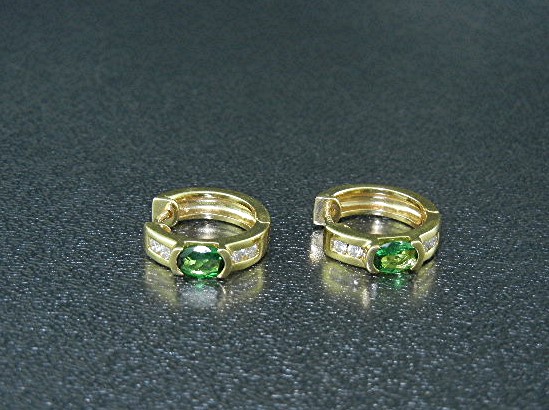 18K Gold Diamond Green Tourmaline Huggie Earrings