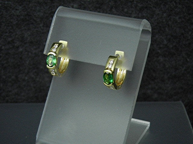 18K Gold Diamond Green Tourmaline  Huggie Earrings