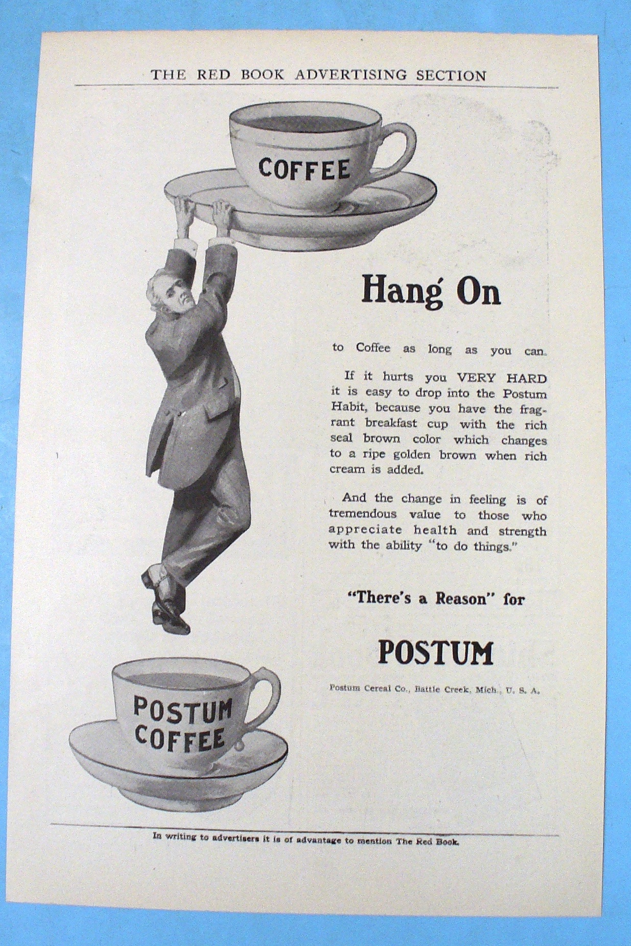 1906 Postum Coffee w/ Man Hanging Off Saucer