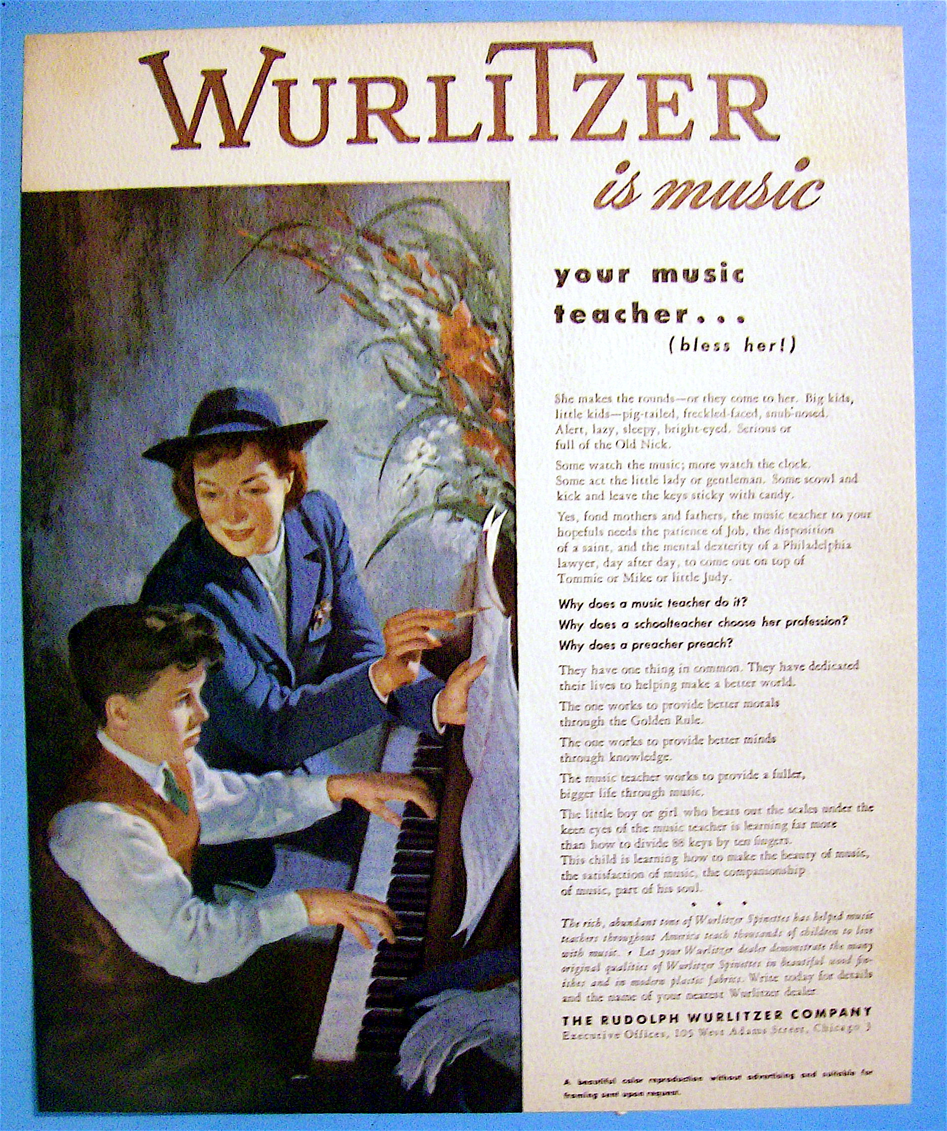 1946 Wurlitzer Piano with Boy Playing Piano