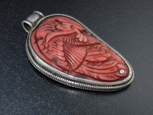 Carved Coral Sterling Silver Dragon Tibetan Pendant