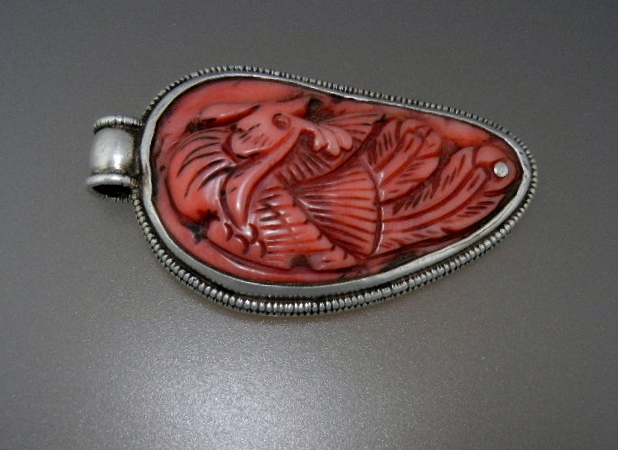 Carved Coral Sterling Silver Dragon Tibetan Pendant