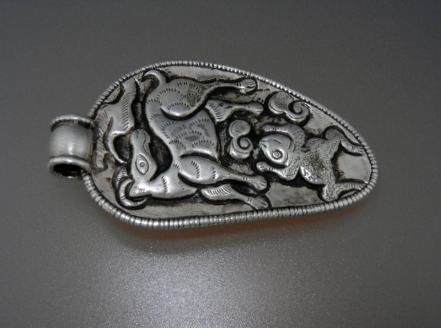 Carved Coral Sterling Silver Dragon Tibetan Pendant