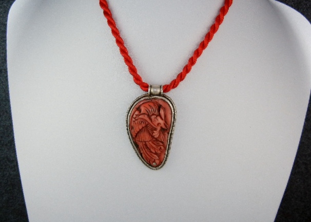 Carved Coral Sterling Silver Dragon Tibetan Pendant