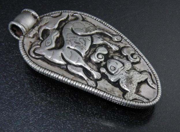 Carved Coral Sterling Silver Dragon Tibetan Pendant