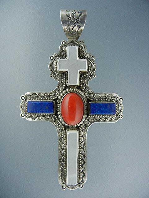 David Troutman Sterling Silver Coral Lapis MOP Cross