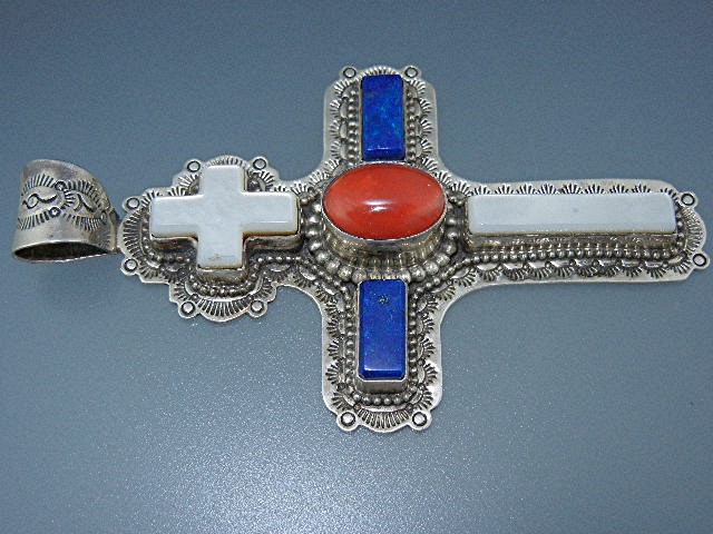 David Troutman Sterling Silver Coral Lapis MOP Cross