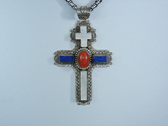 David Troutman Sterling Silver Coral Lapis MOP Cross
