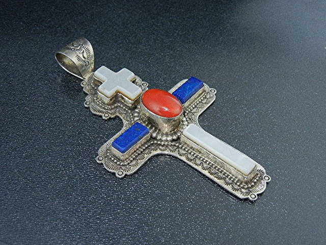 David Troutman Sterling Silver Coral Lapis MOP Cross