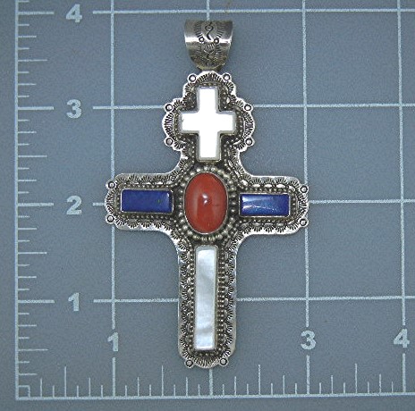 David Troutman Sterling Silver Coral Lapis MOP Cross