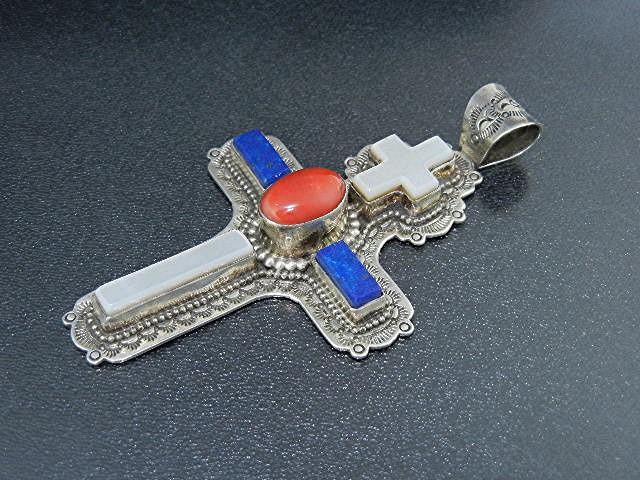 David Troutman Sterling Silver Coral Lapis MOP Cross