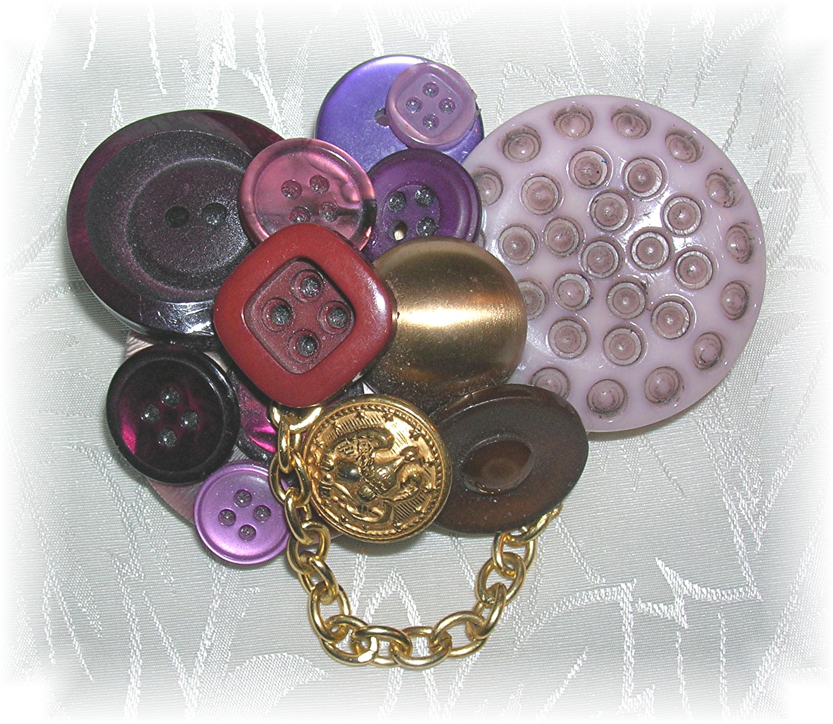 Button Collage Brooch In Purples And Gold