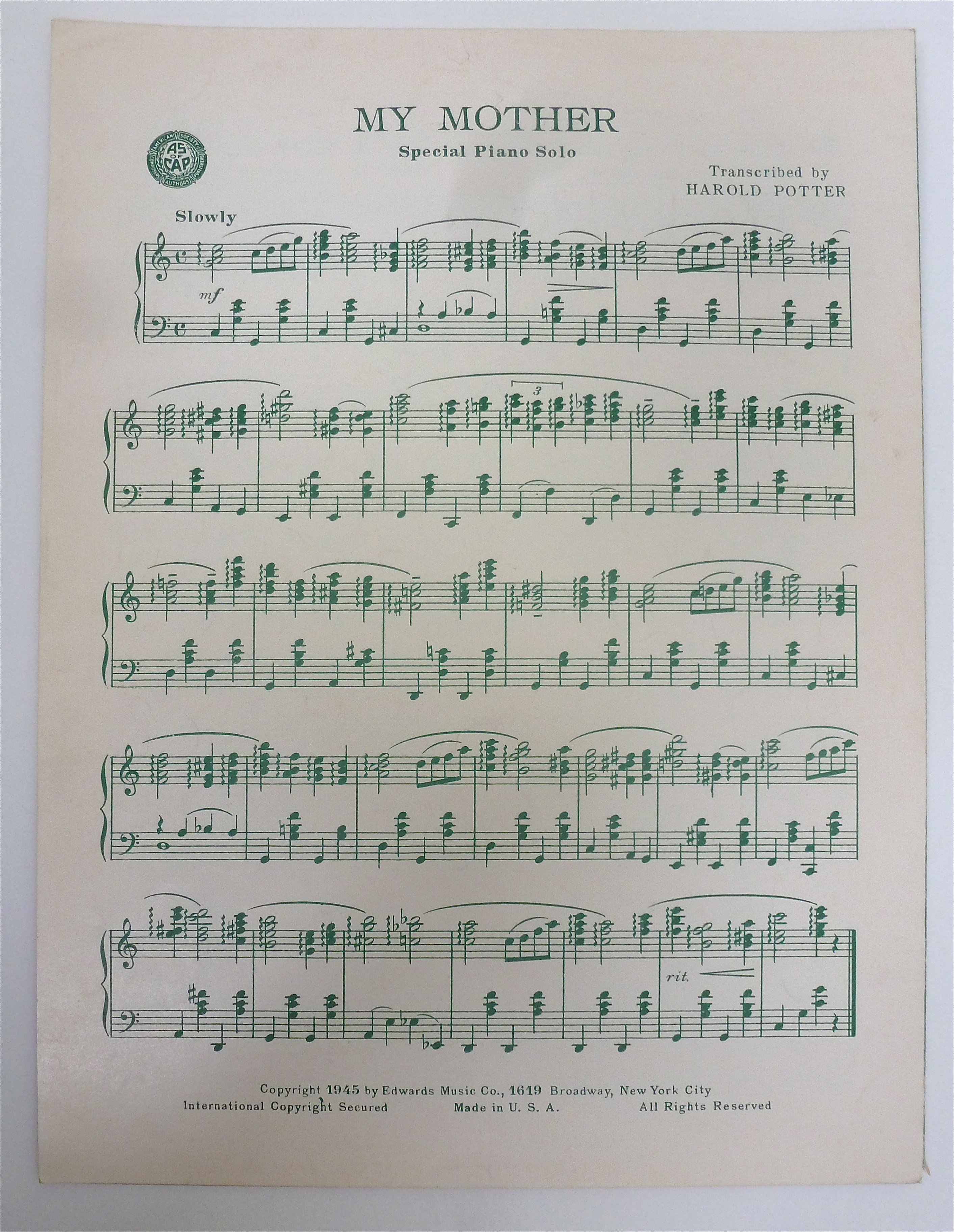 Sheet Music Of 1945 My Mother (There's No One Like You)