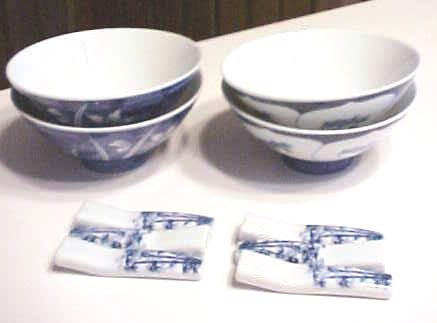 Rice Bowls + Chop Stick Rests Blue and White