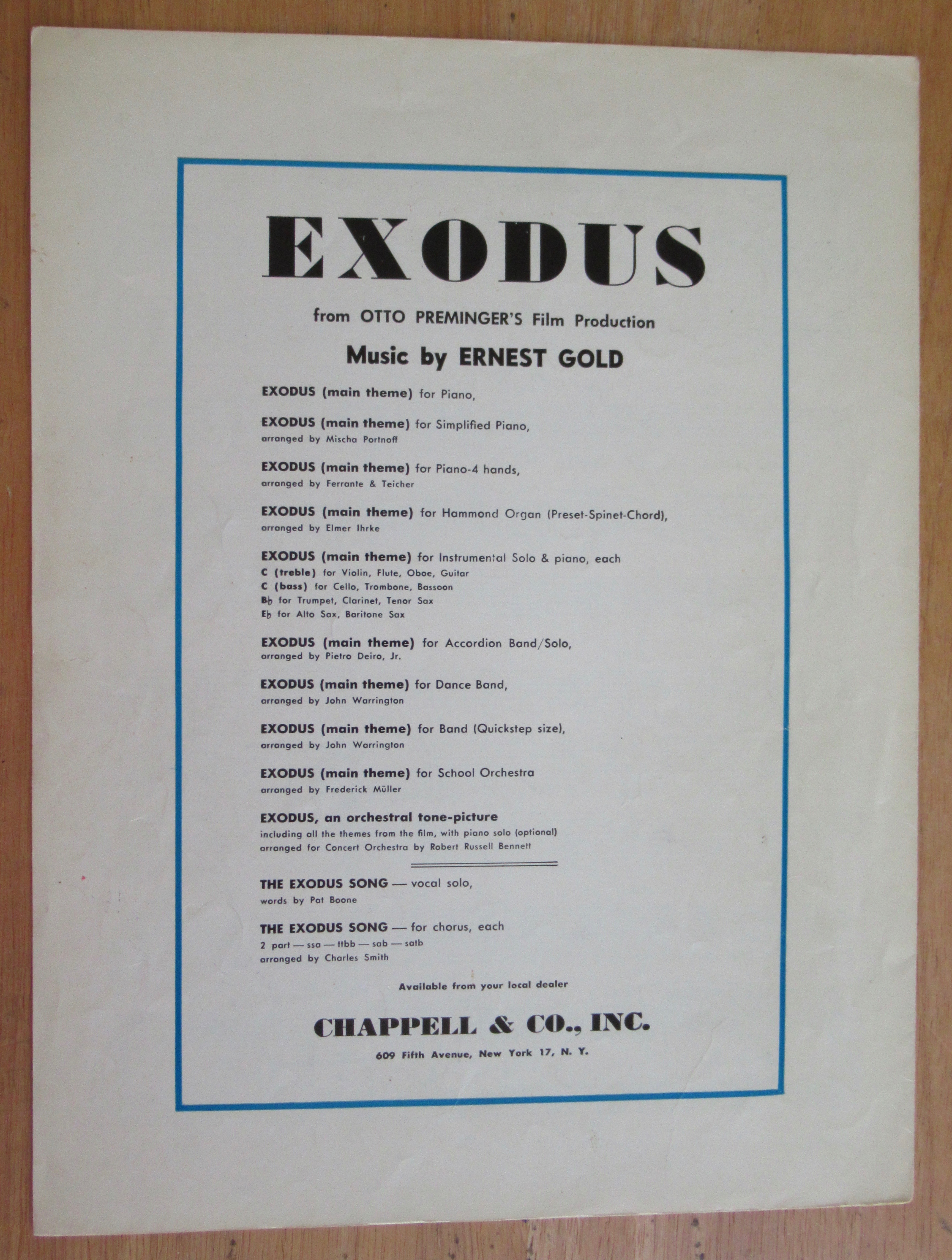 1961 The Exodus Song Sheet Music