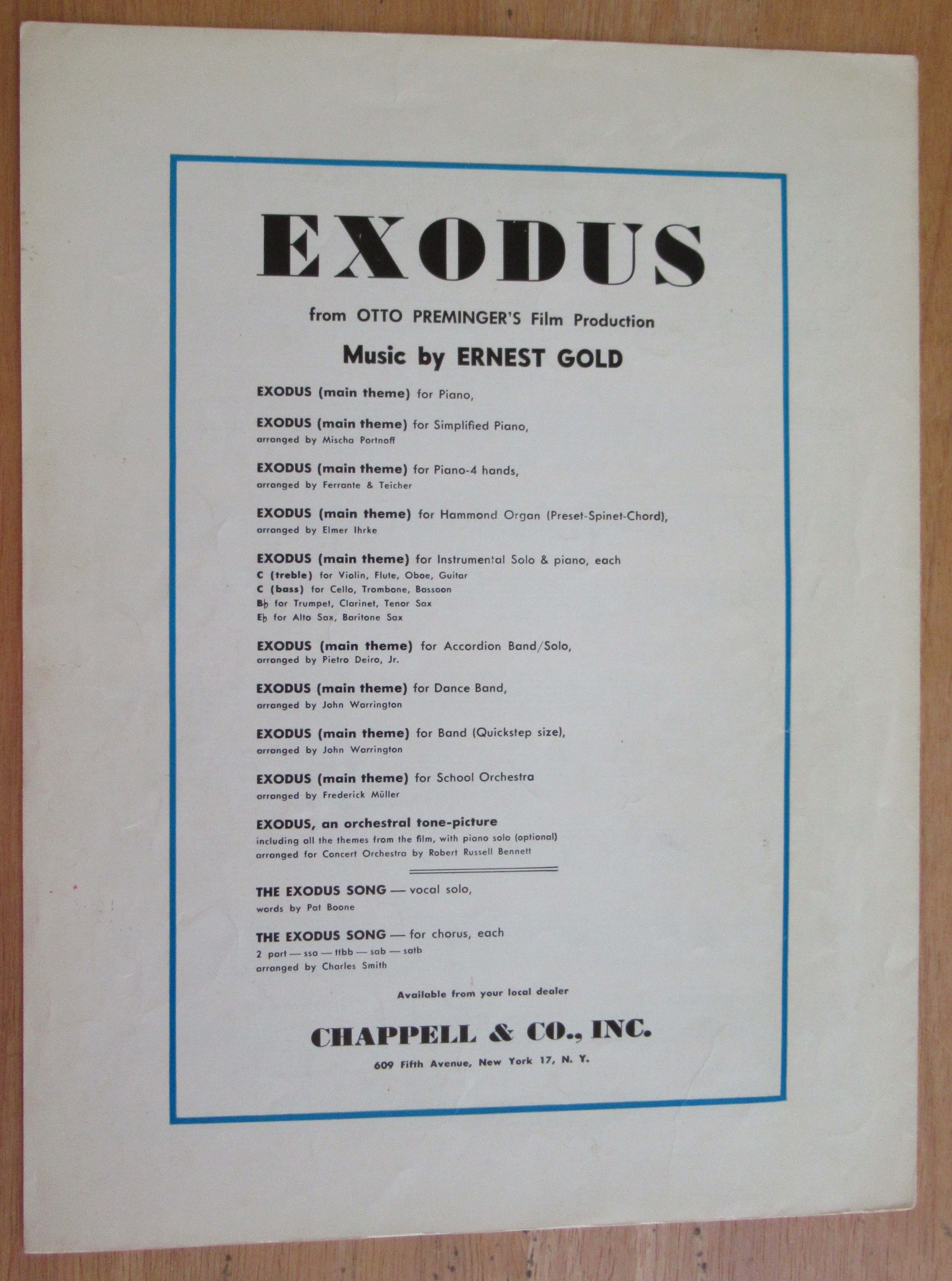 1961 The Exodus Song Sheet Music