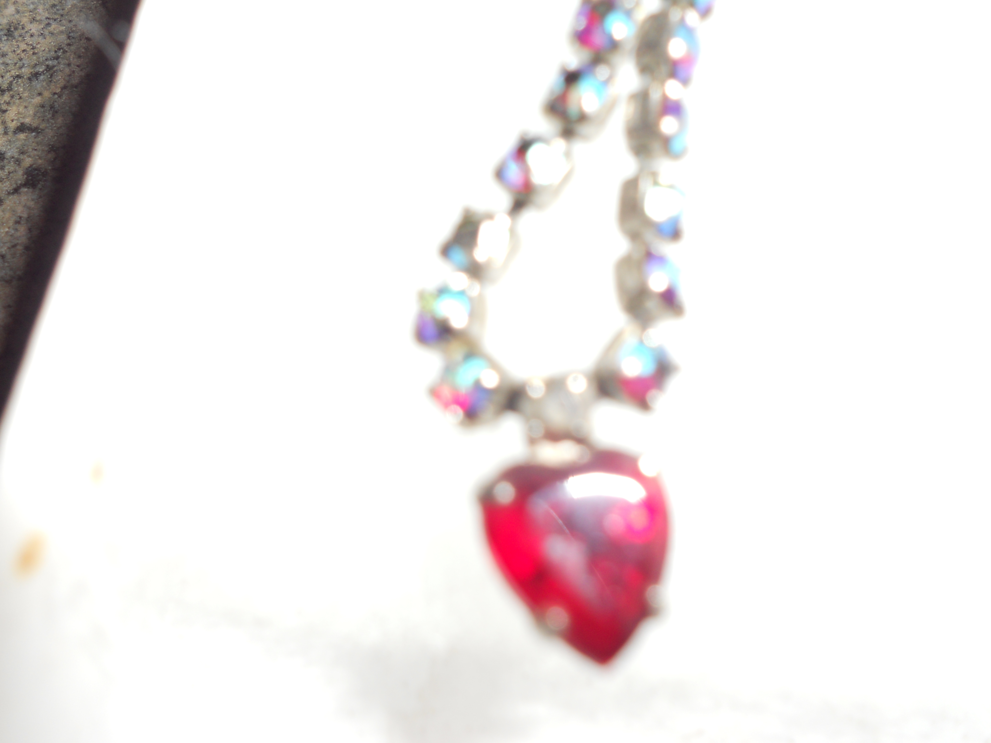 Rhinestone Necklace Red Heart Silver Tone