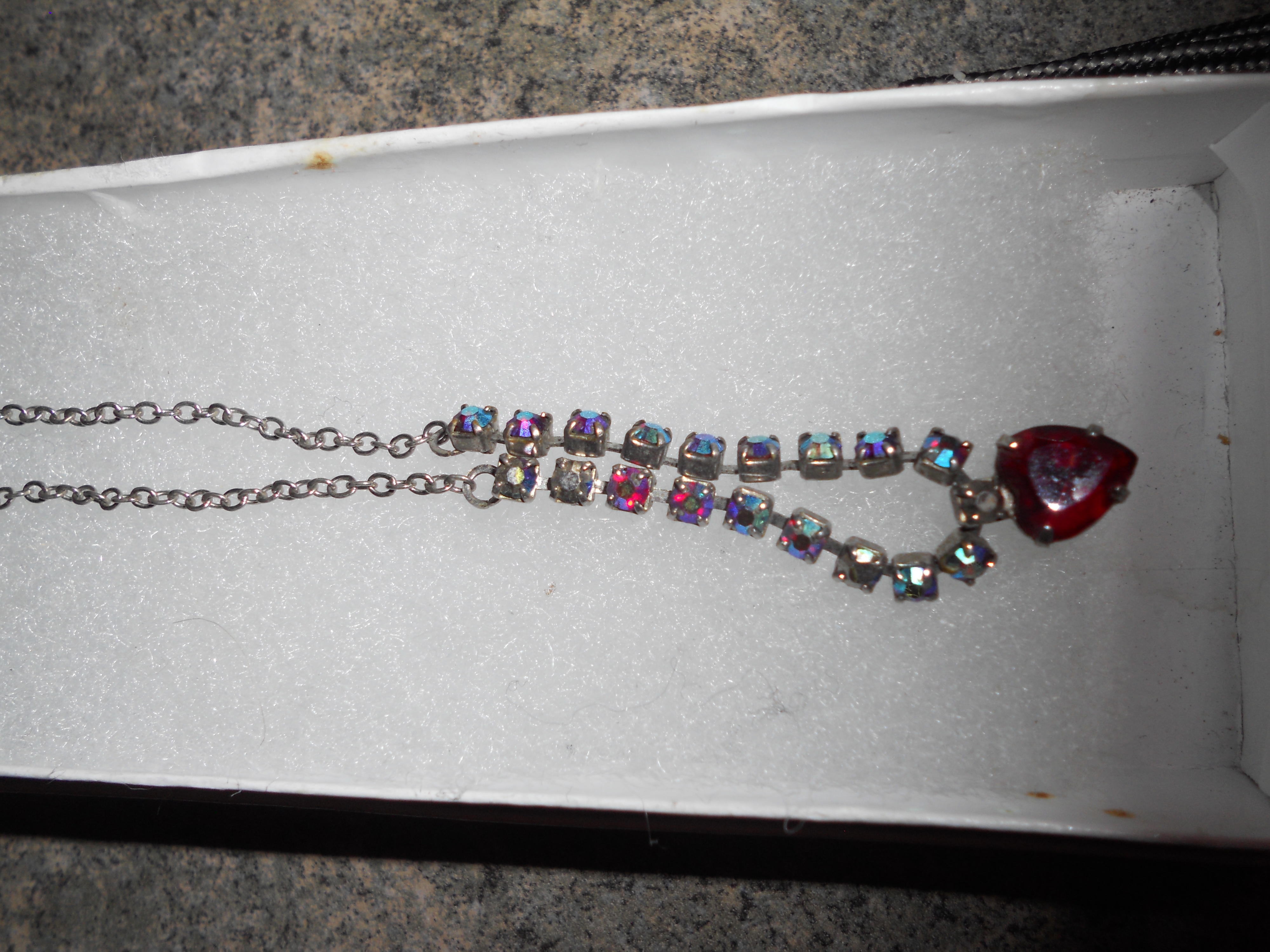 Rhinestone Necklace Red Heart Silver Tone