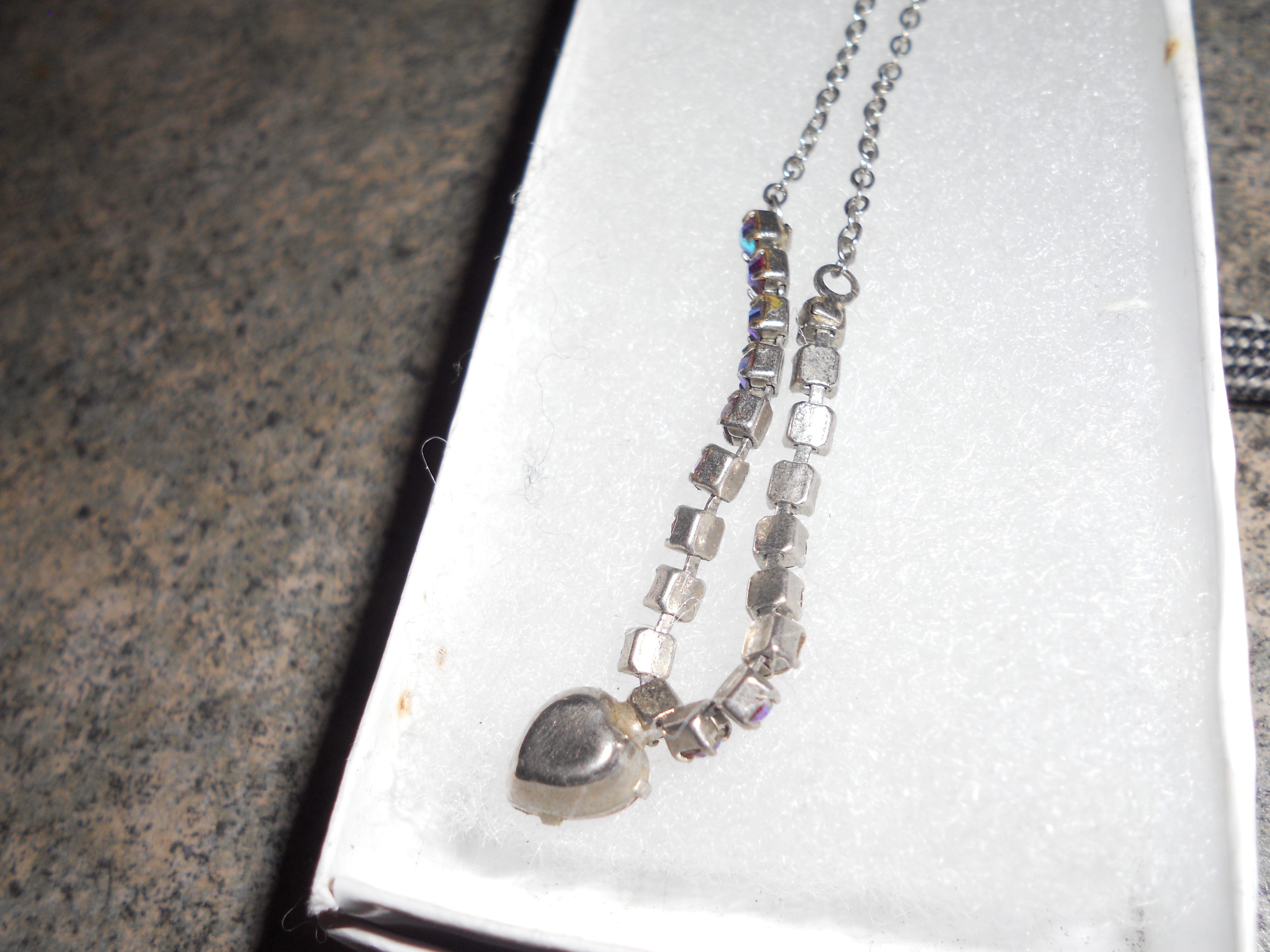 Rhinestone Necklace Red Heart Silver Tone
