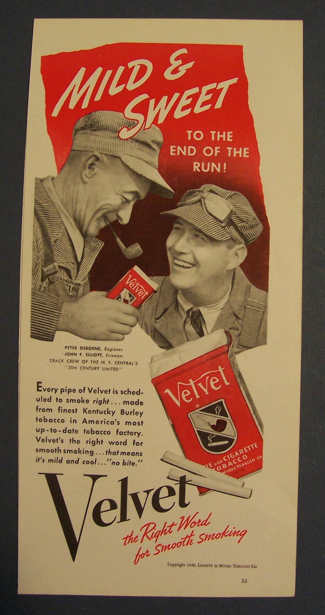 1940  Velvet  Pipe & Cigarette  Tobacco