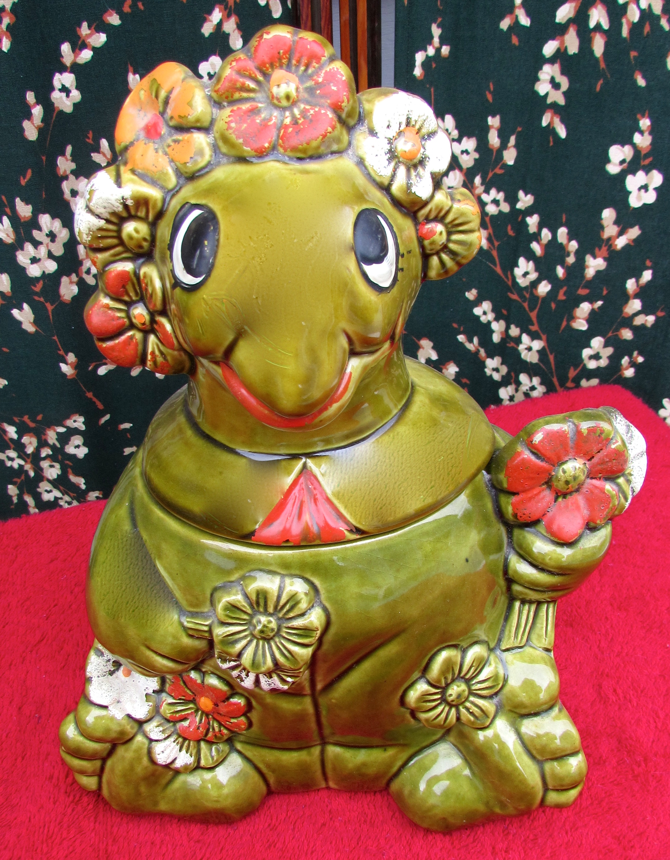 California Originals Sitting Turtle Cookie Jar Flowers