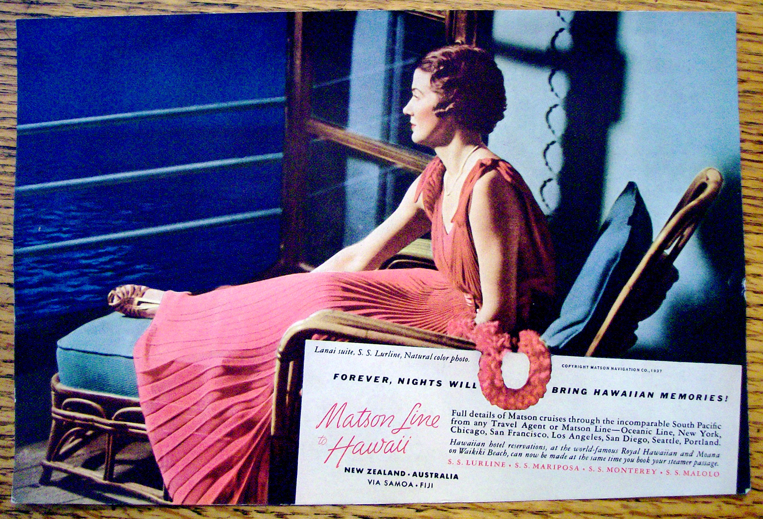 1937 Matson Line To Hawaii with Woman on Boat's Deck