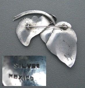 Silver Mexico Leaf Brooch Vintage 3 1/4 Inch