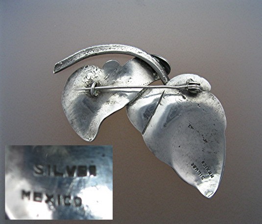 Silver Mexico Leaf Brooch Vintage 3 1/4 Inch