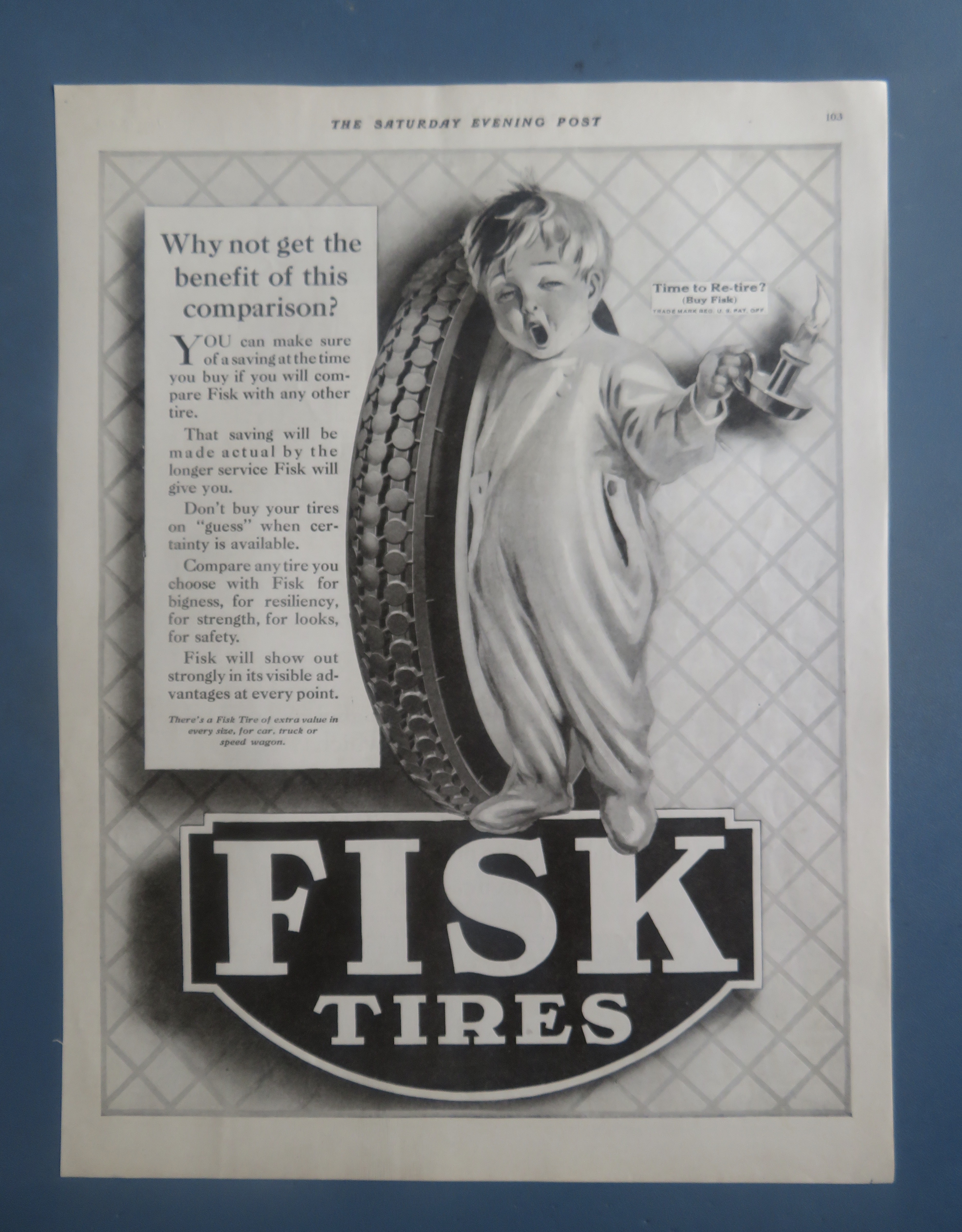 1922 Fisk Tires with Baby Holding Tire w/Candle Yawning