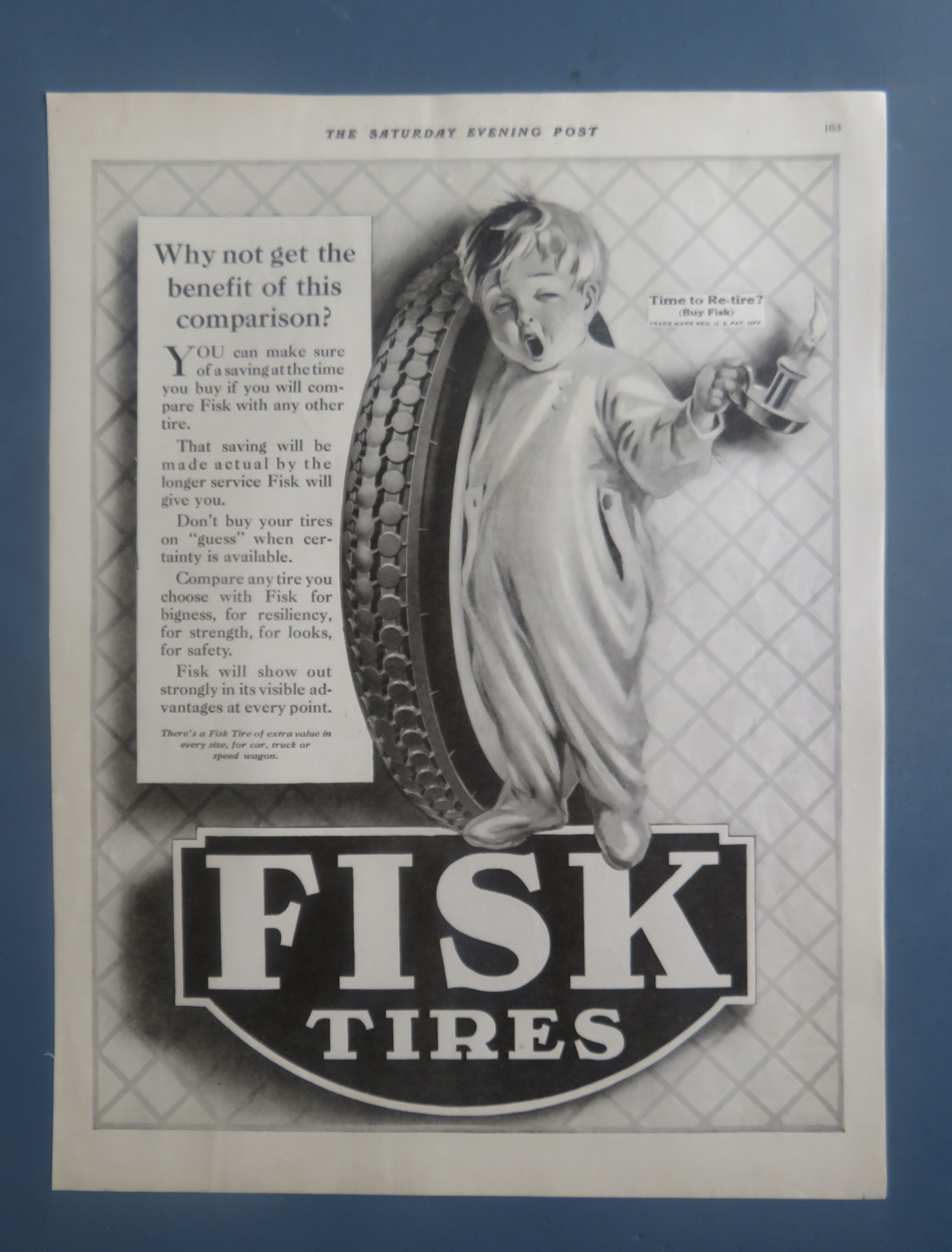 1922 Fisk Tires with Baby Holding Tire w/Candle Yawning