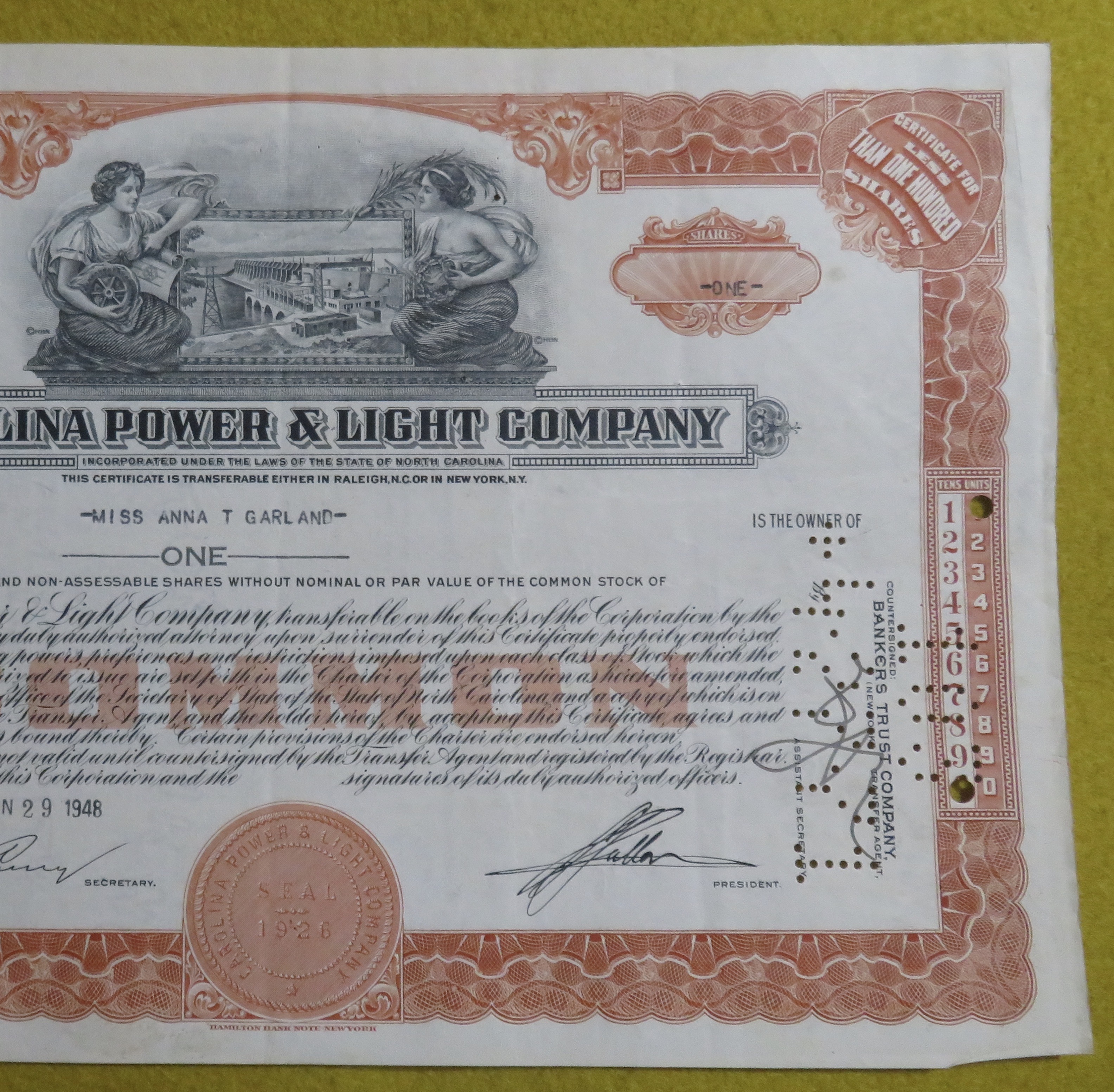 Carolina Power & Light Company Stock Certificate 1948