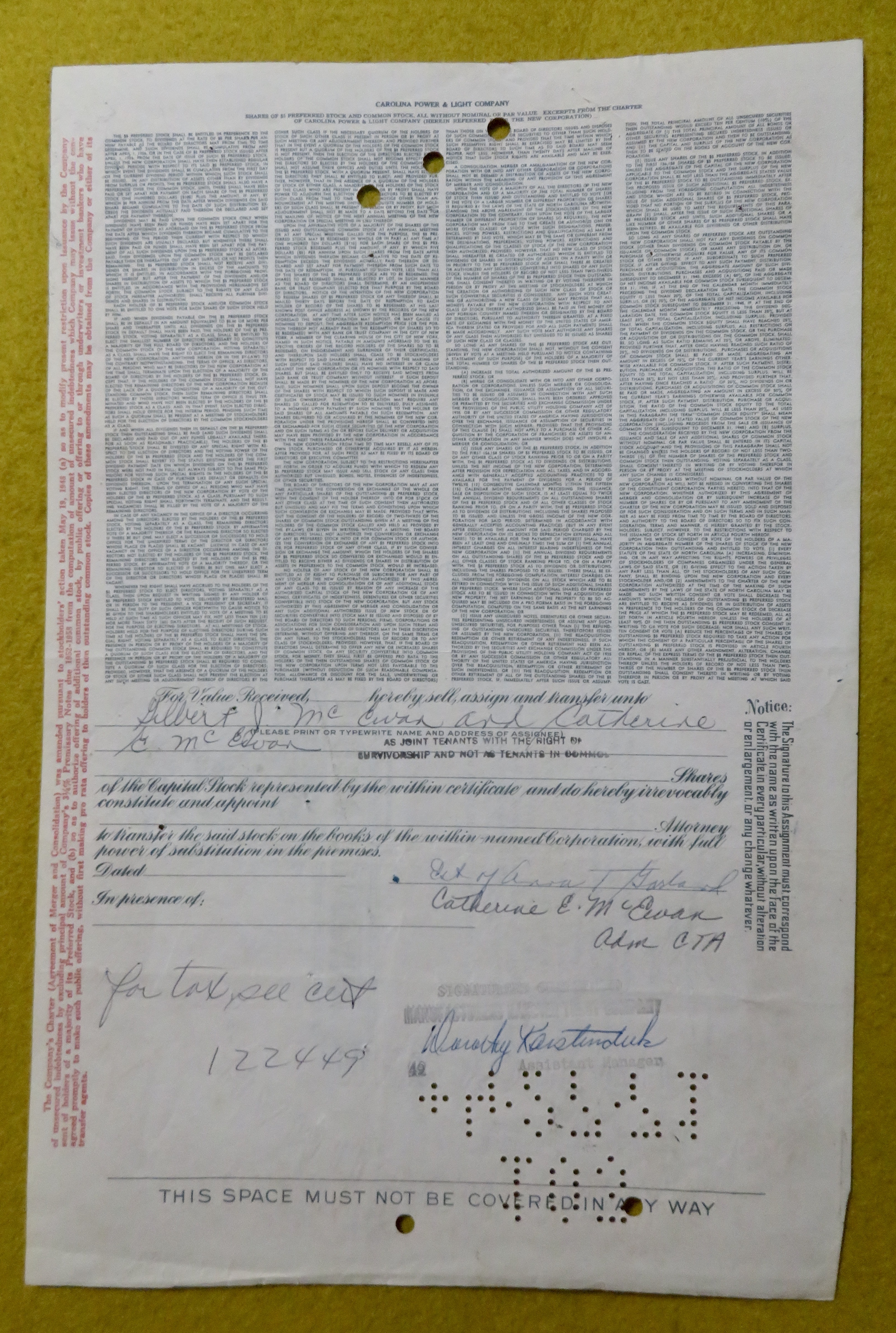 Carolina Power & Light Company Stock Certificate 1948