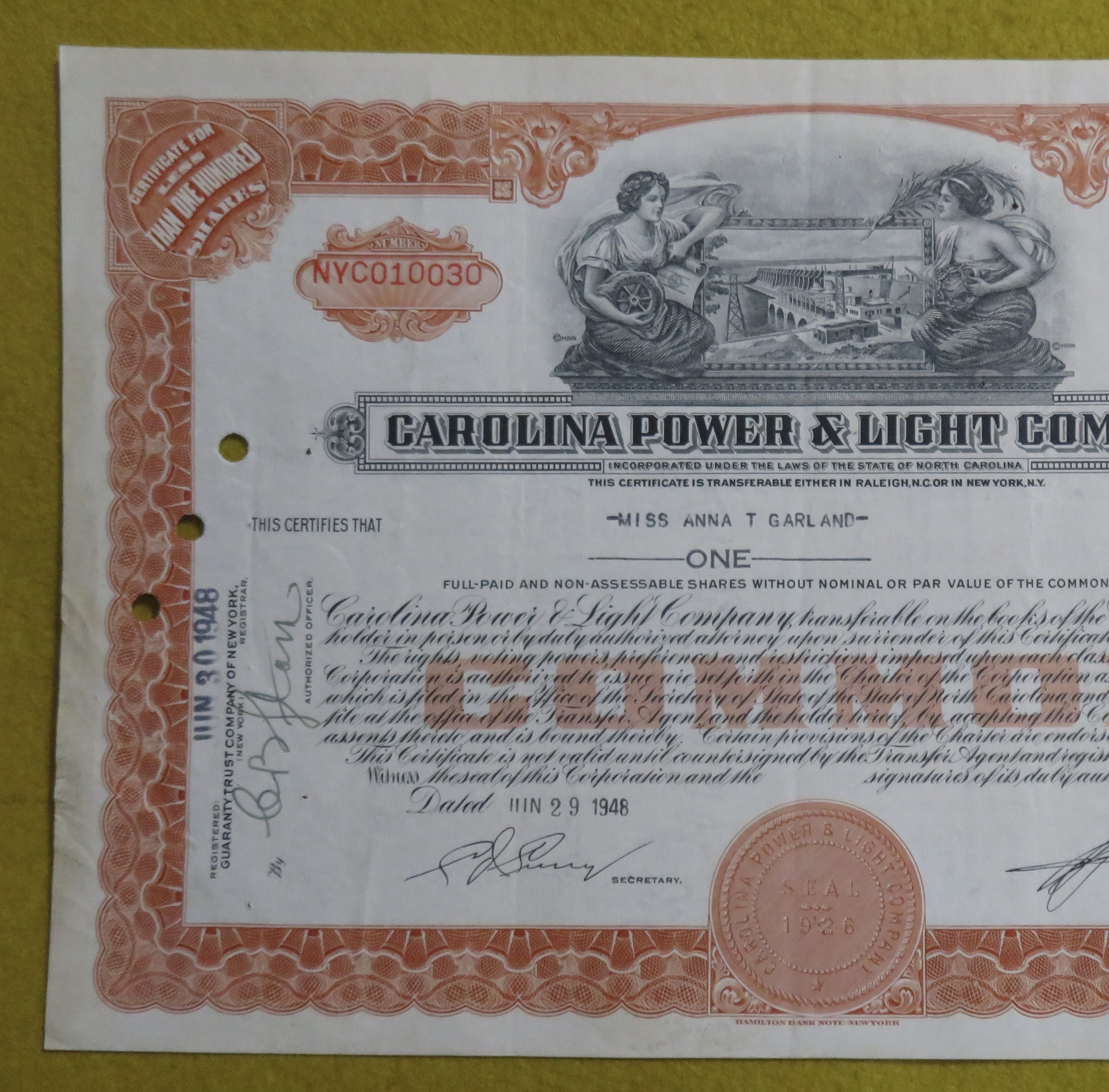 Carolina Power & Light Company Stock Certificate 1948