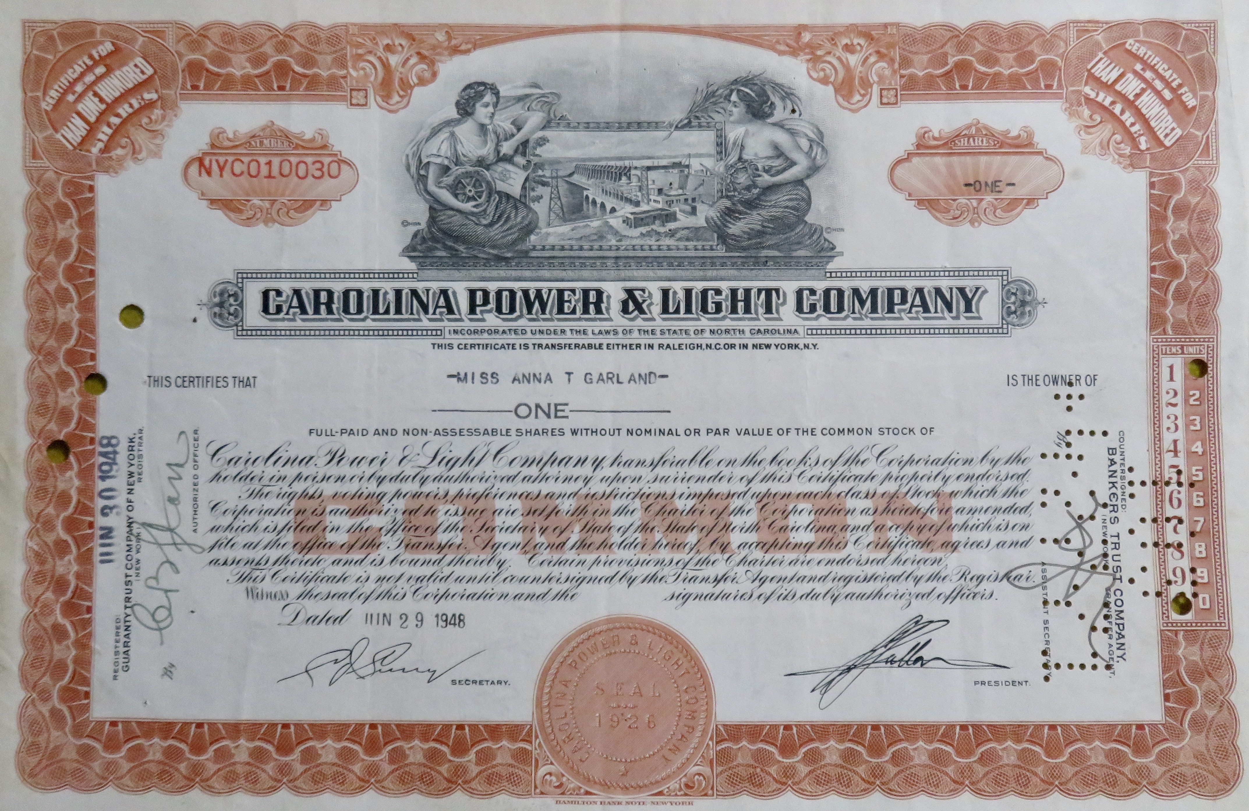 Carolina Power & Light Company Stock Certificate 1948