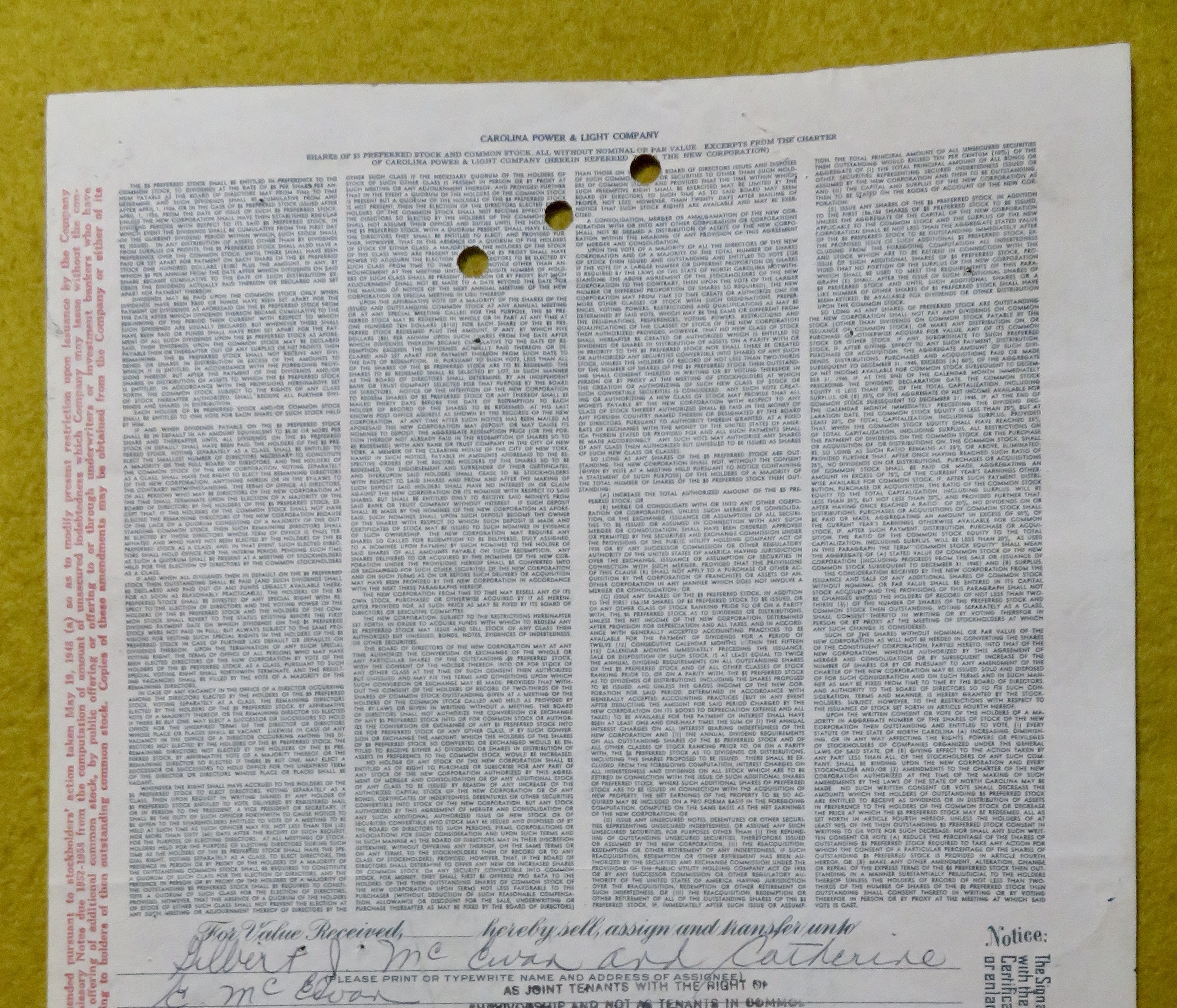 Carolina Power & Light Company Stock Certificate 1948