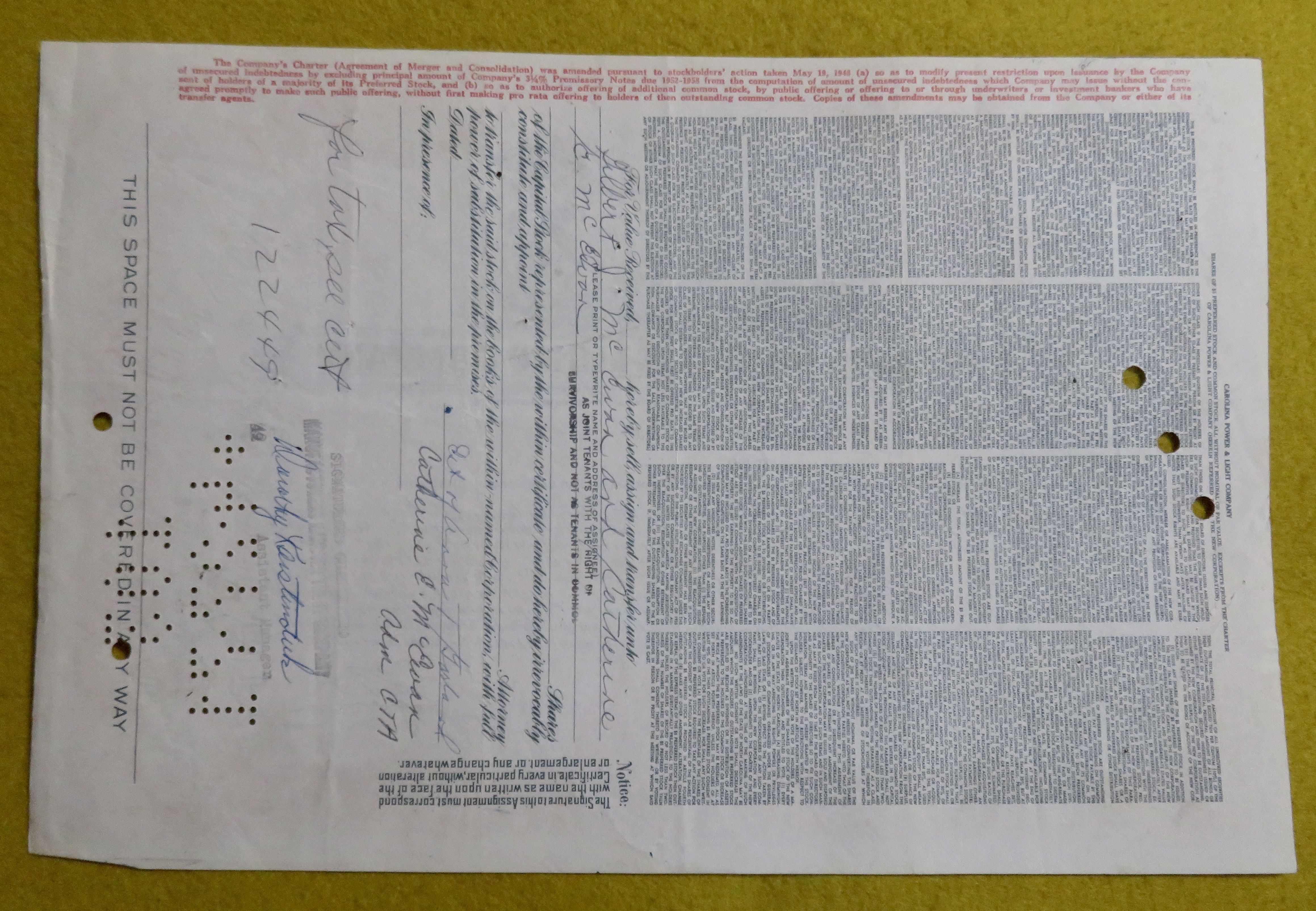Carolina Power & Light Company Stock Certificate 1948