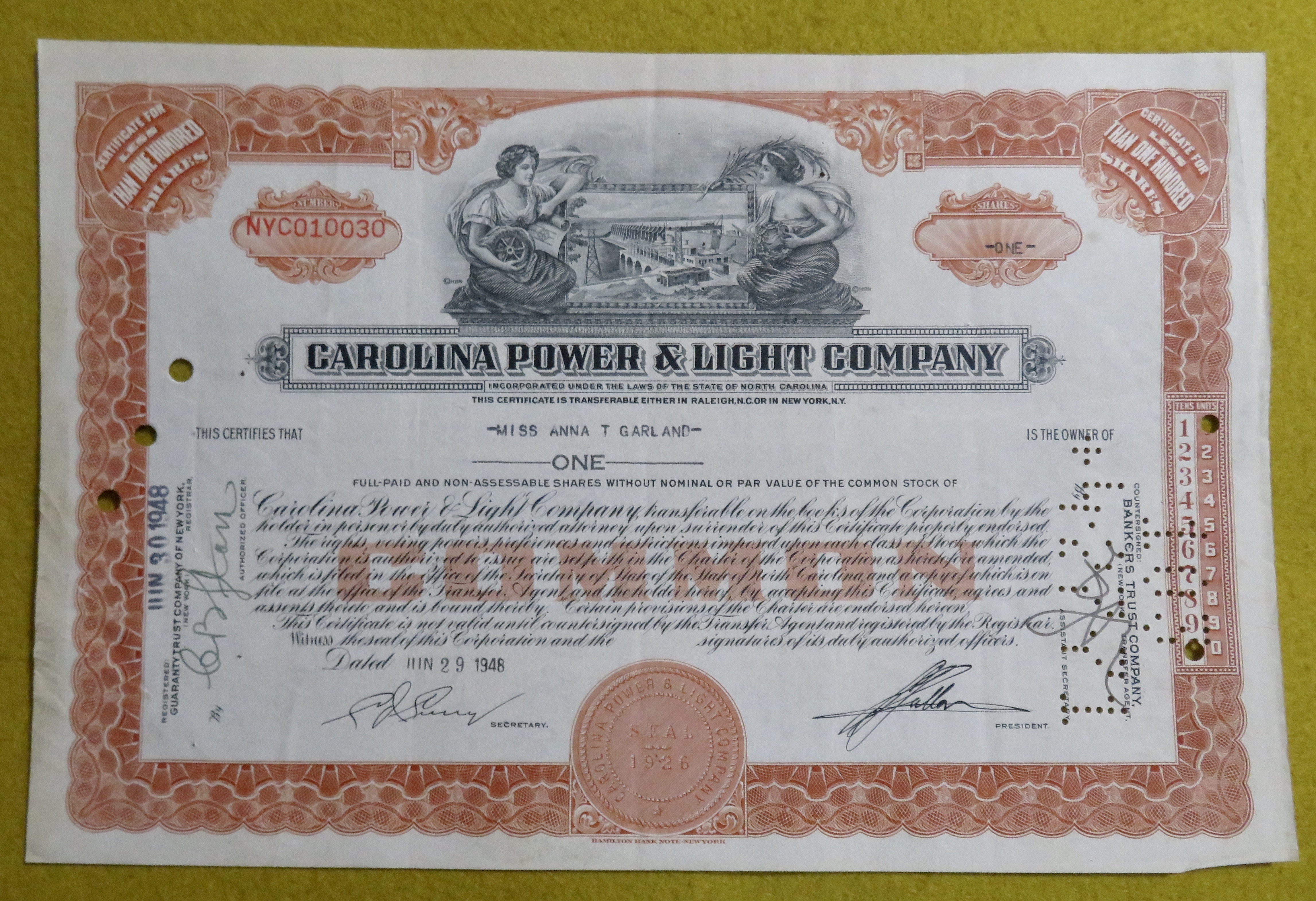 Carolina Power & Light Company Stock Certificate 1948