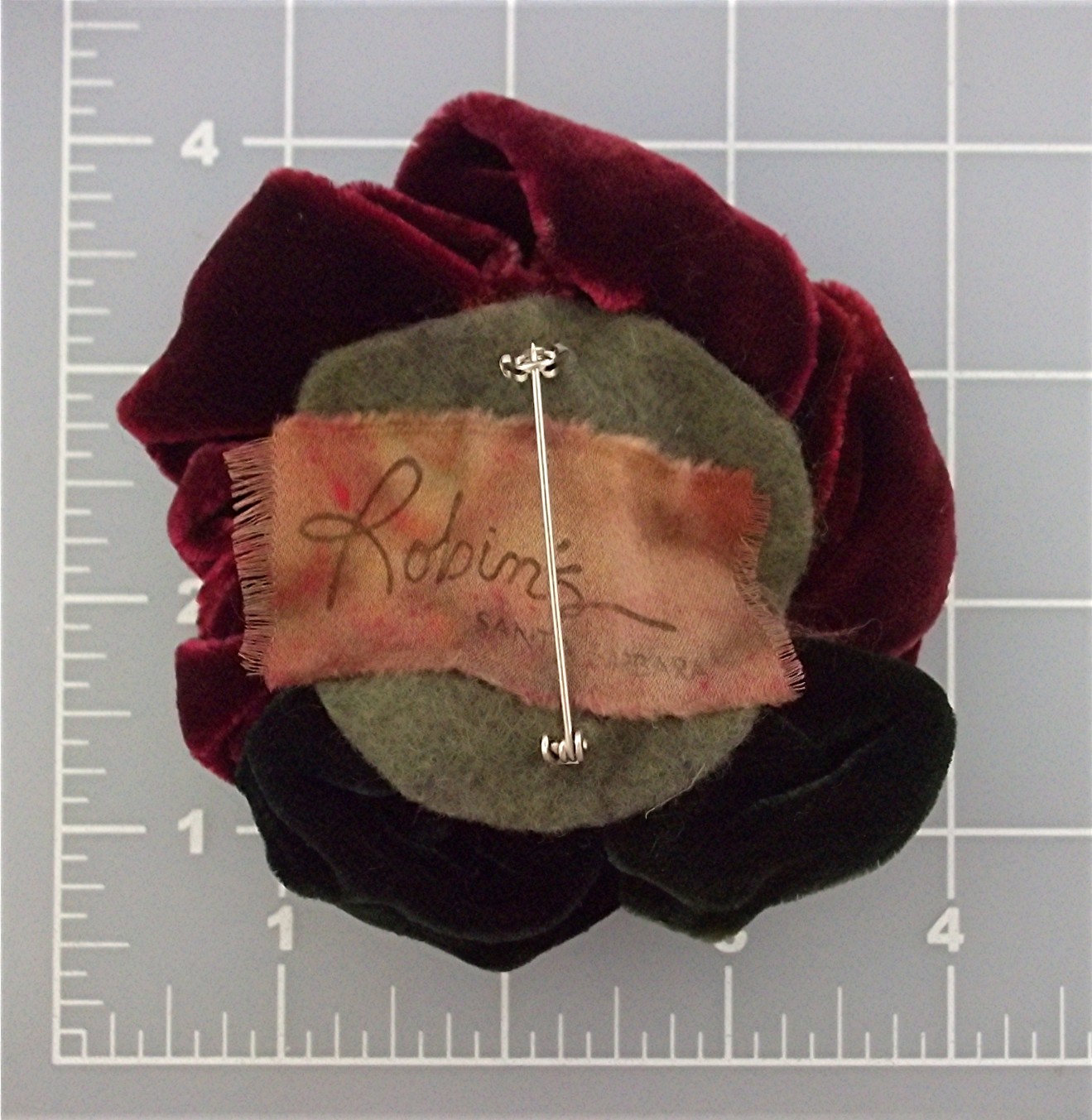 Brooch Pin Red Green Velvet Rose Robbins California