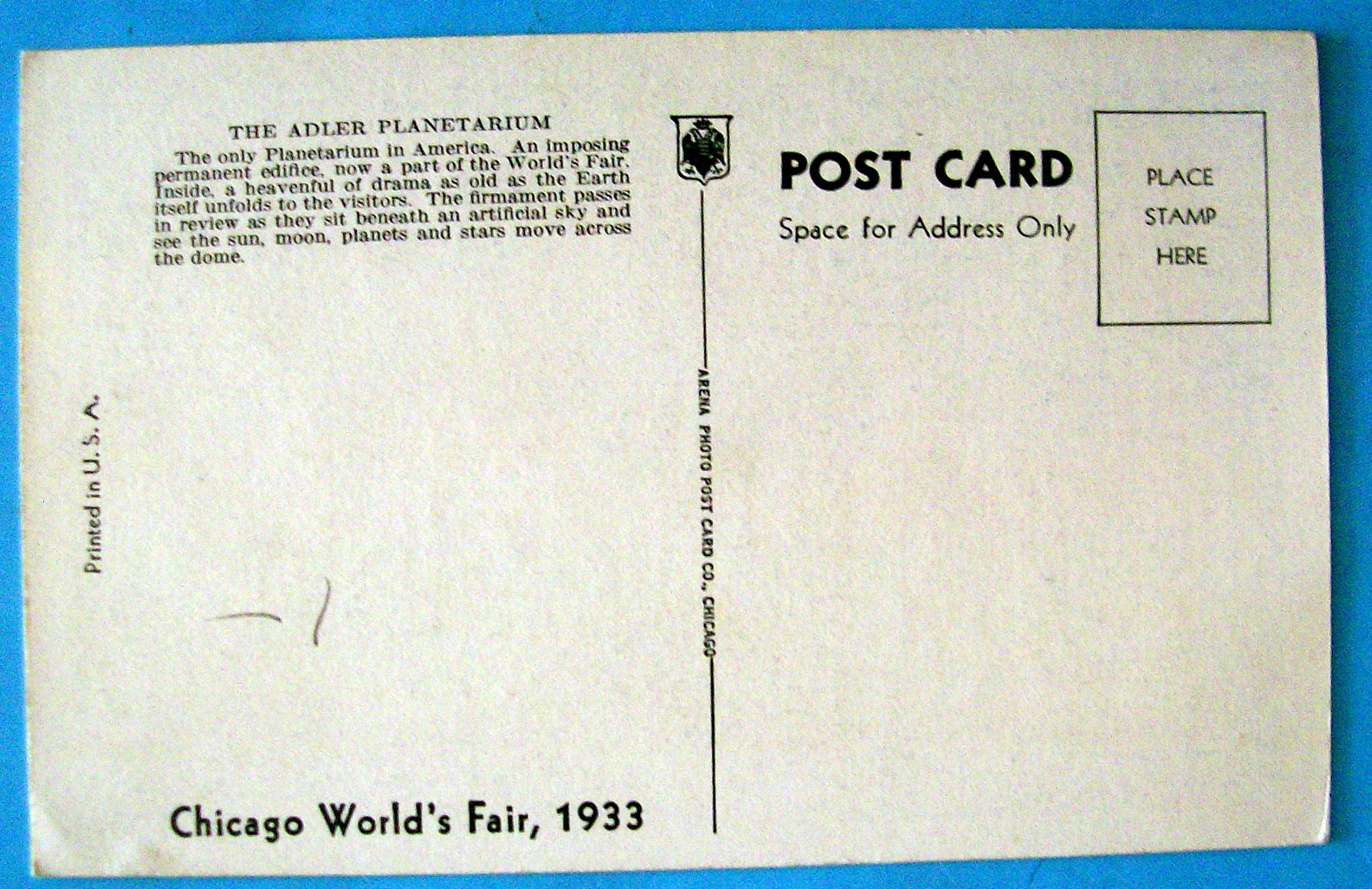 The Adler Planetarium Postcard (Chicago World's Fair)