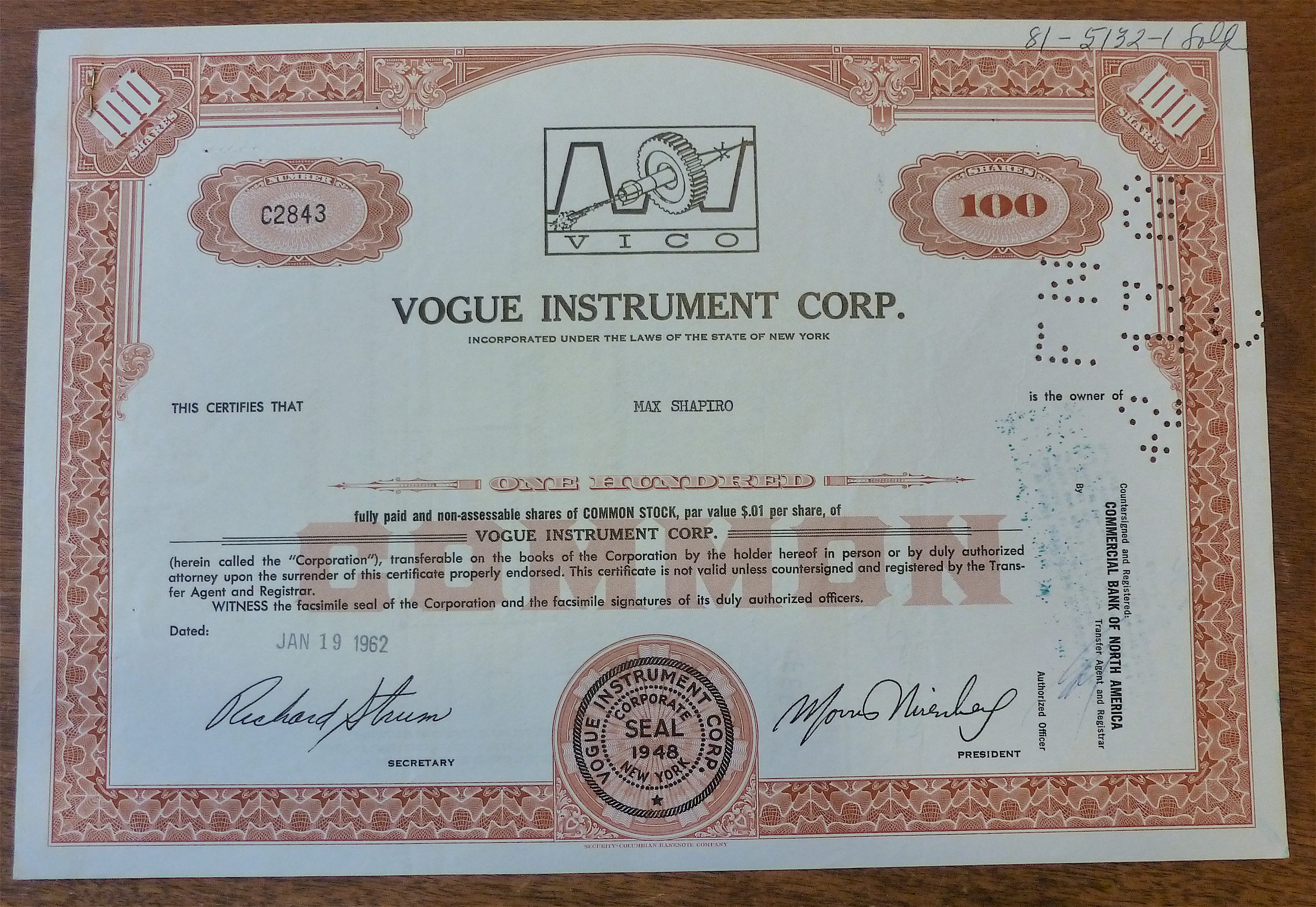 1962 Vogue Instrument Corporation Stock Certificate