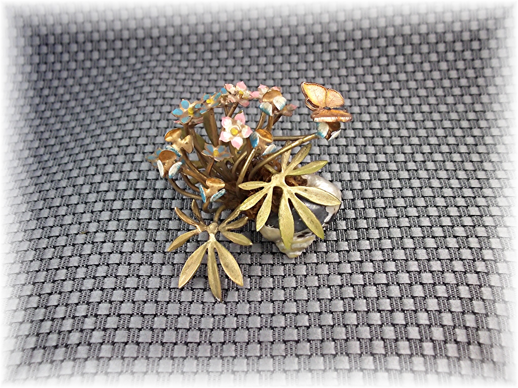 Brass Painted Flowers Shell Vines  and Butterfly