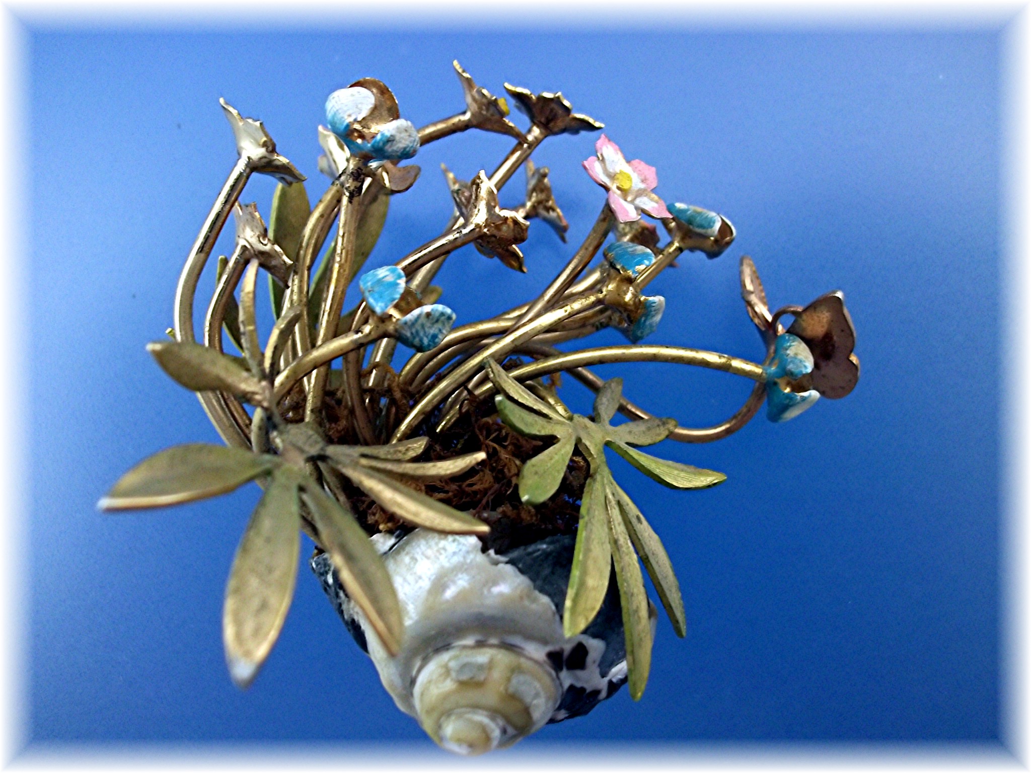 Brass Painted Flowers Shell Vines and Butterfly