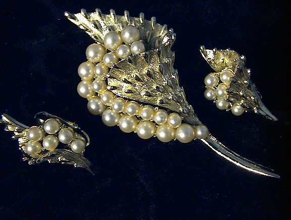 CORO Goldtone and Pearl Pin/Brooch, Earrings.