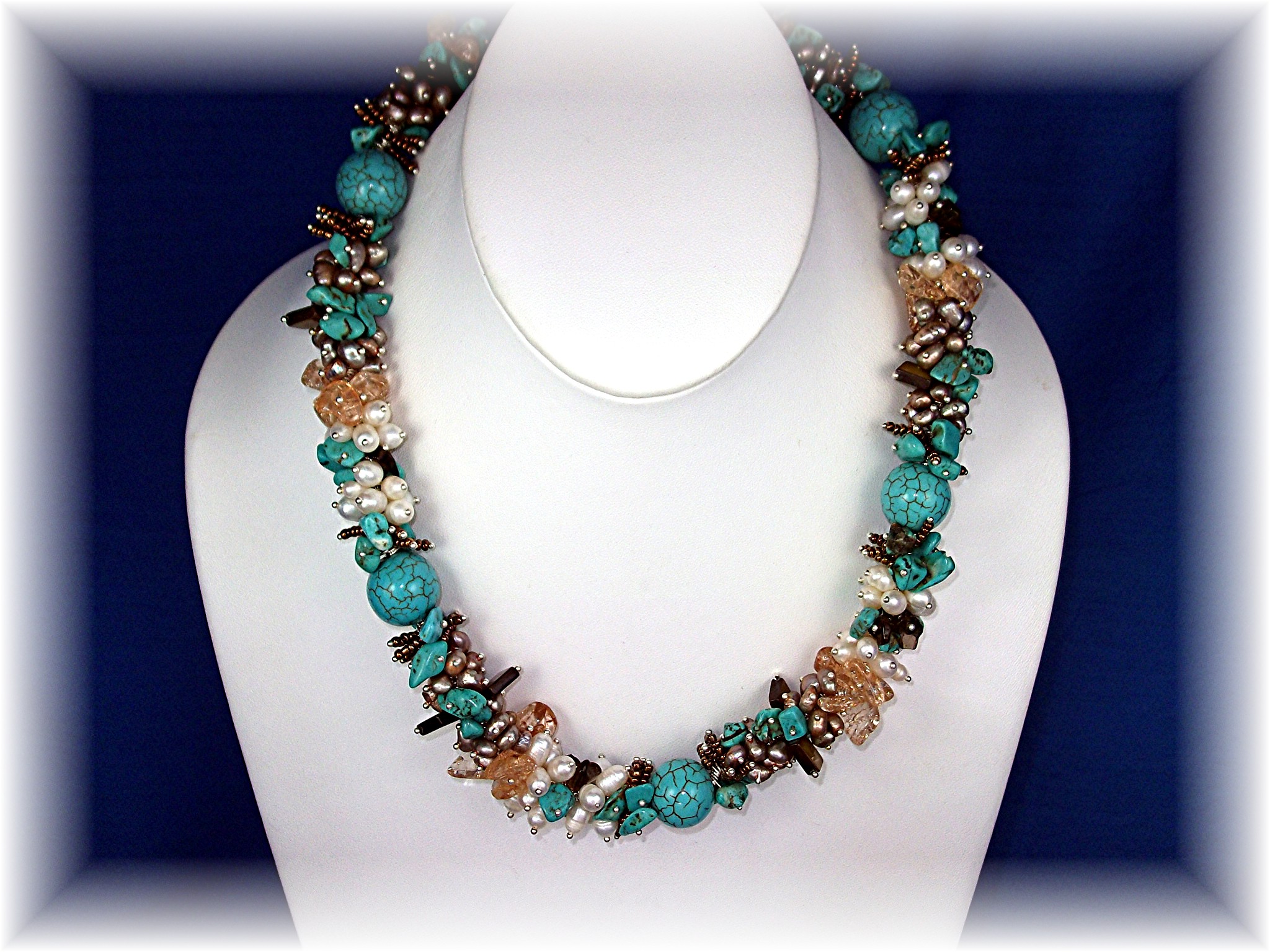 Citrine Turquoise White Gold Freshwater Pearls Necklace