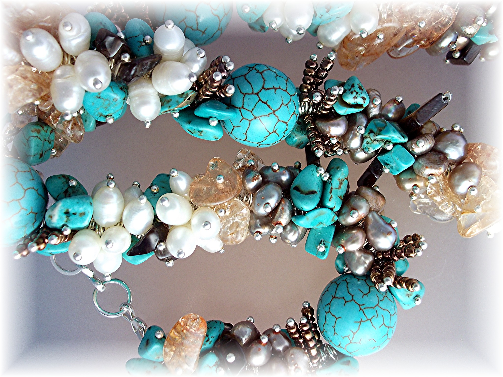 Citrine Turquoise White Gold Freshwater Pearls Necklace