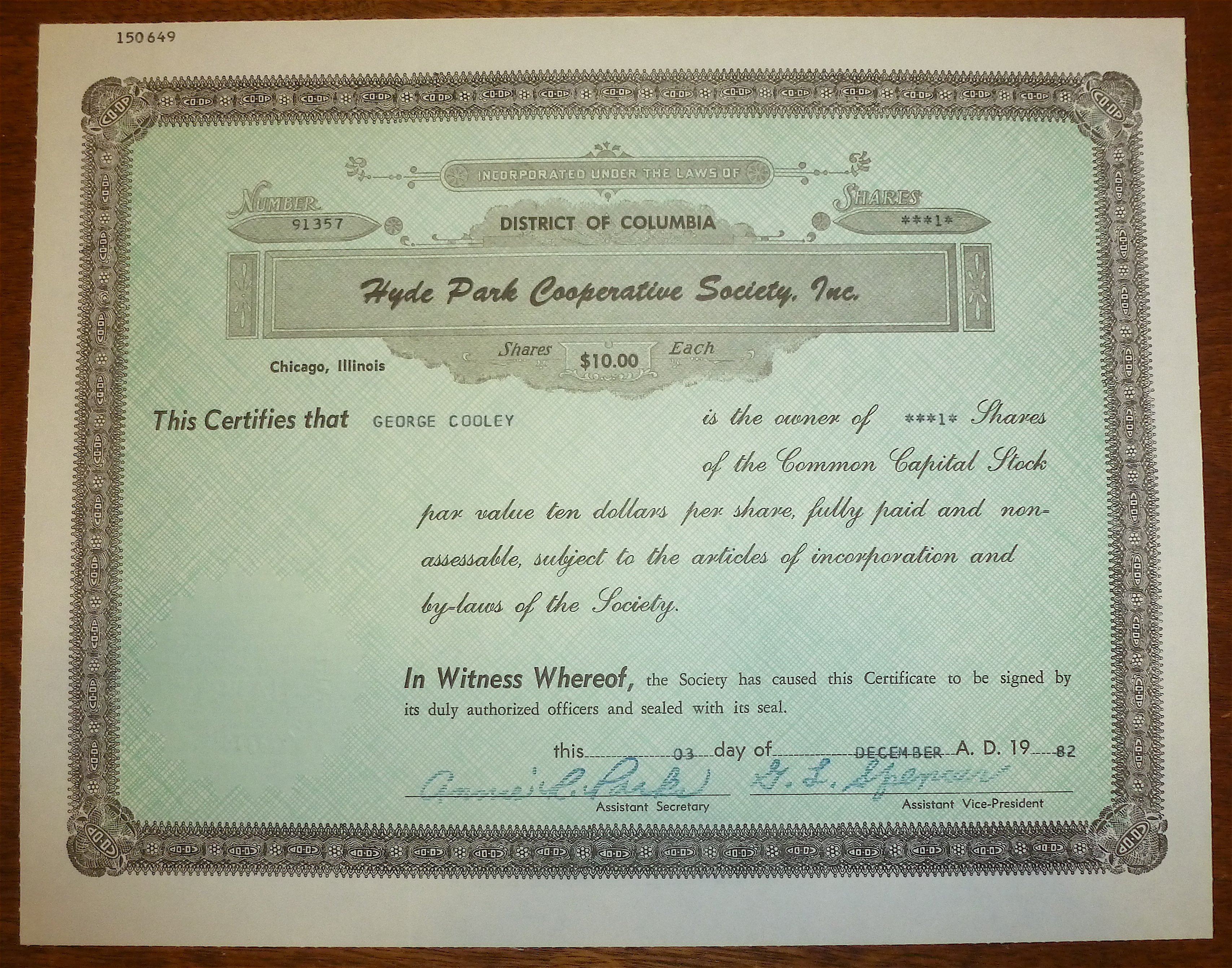 1982 Hyde Park Cooperative Society Stock Certificate