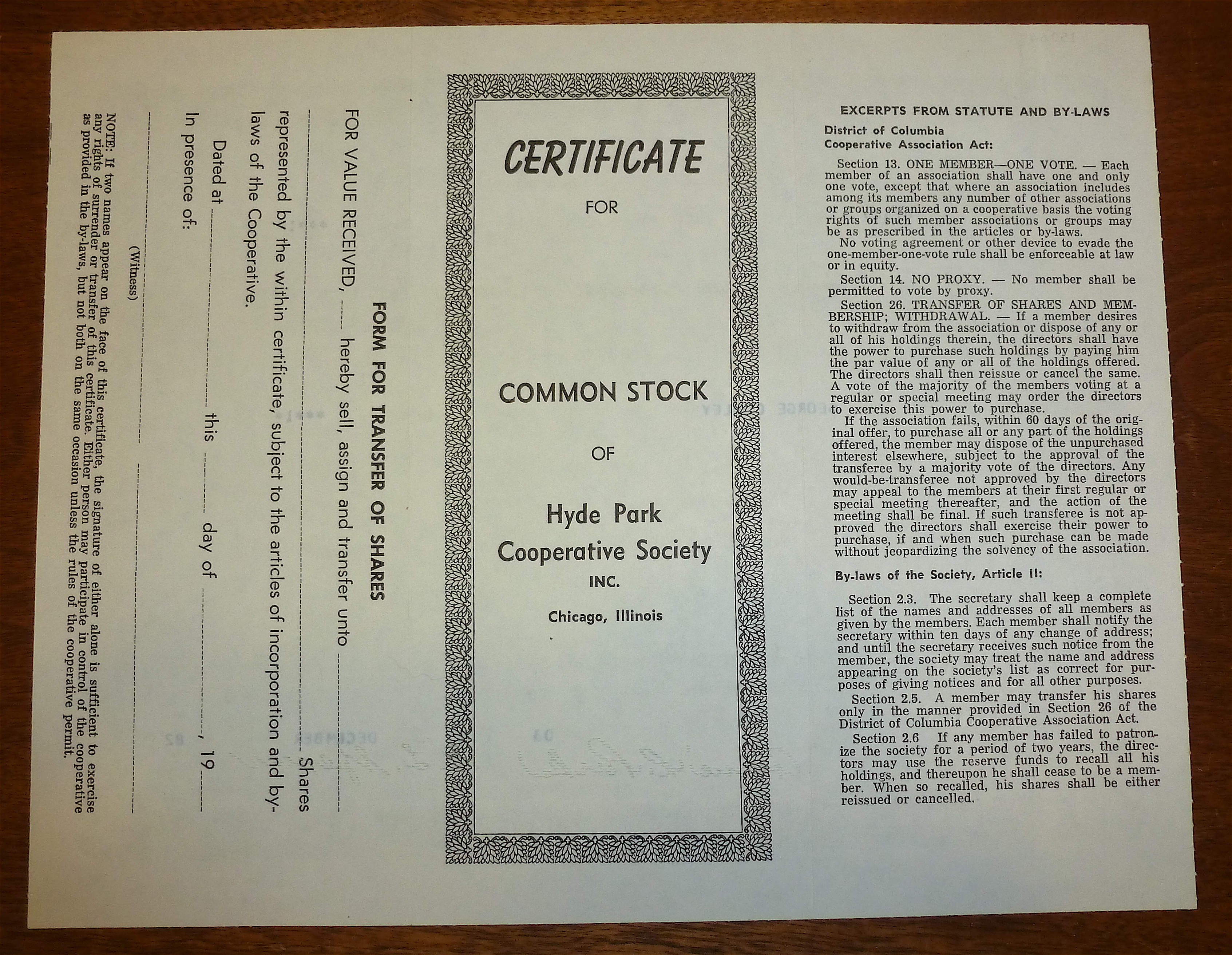 1982 Hyde Park Cooperative Society Stock Certificate