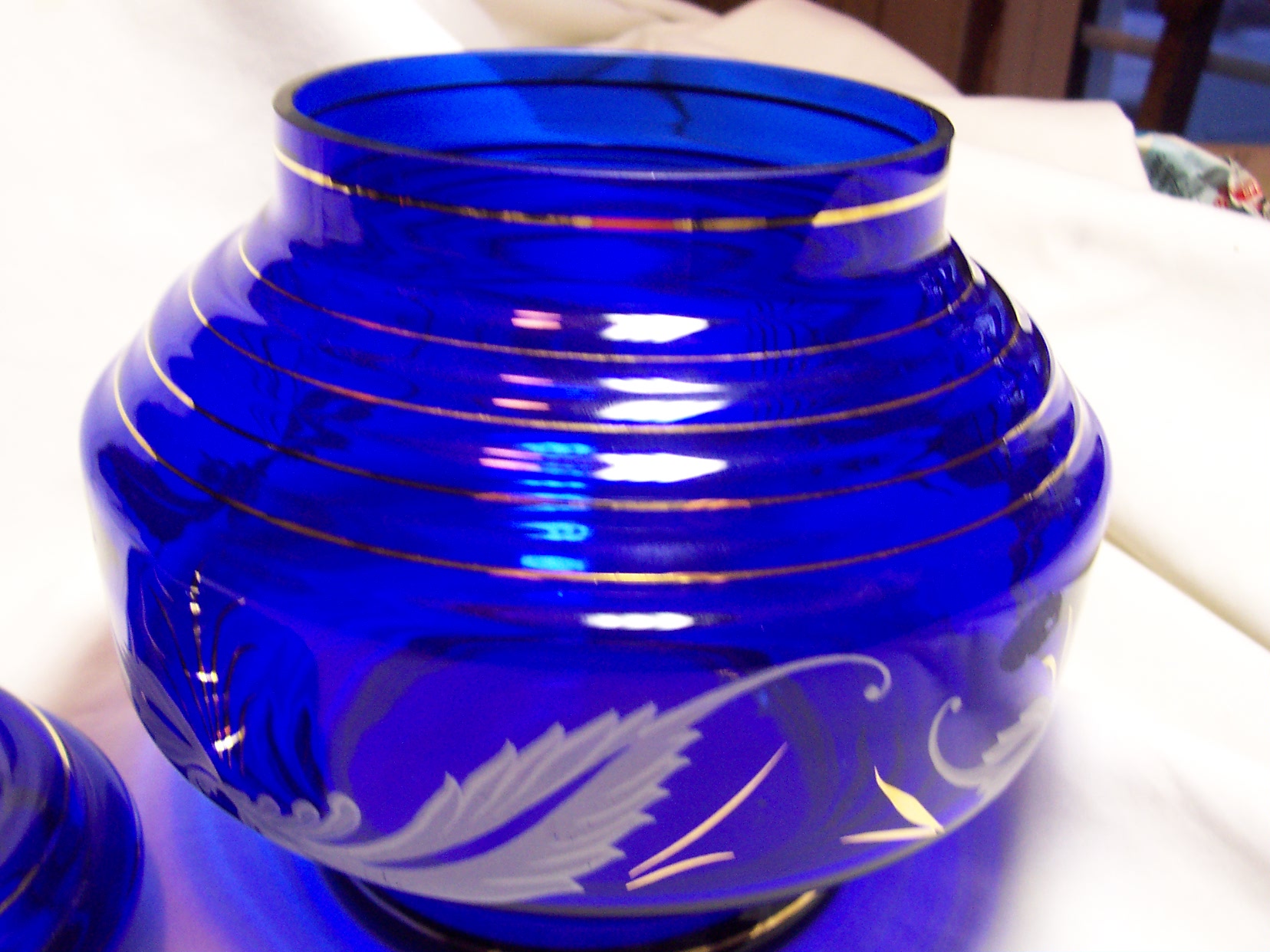 Cobalt Blue Glass Bisquit Jar hand painted