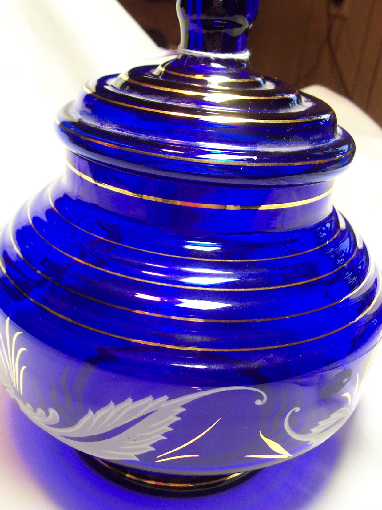 Cobalt Blue Glass Bisquit Jar hand painted