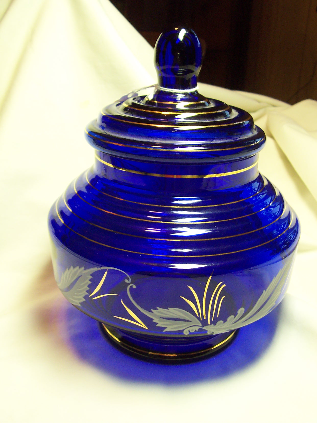 Cobalt Blue Glass Bisquit Jar hand painted